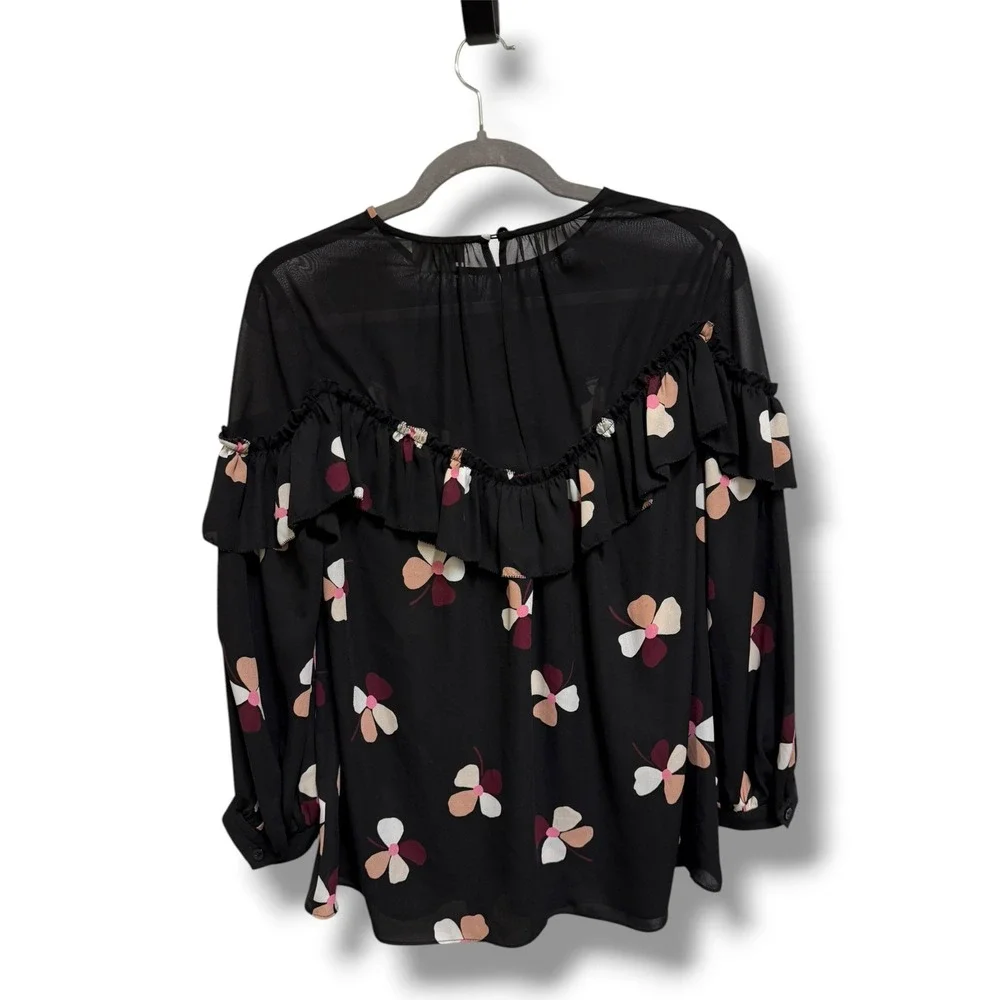 Kate Spade Dusk Buds Ruffle Top Black Floral Blouson Sleeve Sheer Chiffon Blouse